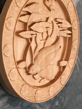 Custom Made Koi Swimming Wood Carved Art Piece