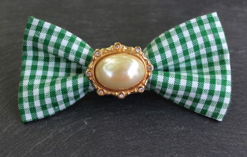 Custom Made One Of A Kind Removable Bow Tie- Green & White Gingham With Vintage Centerpiece