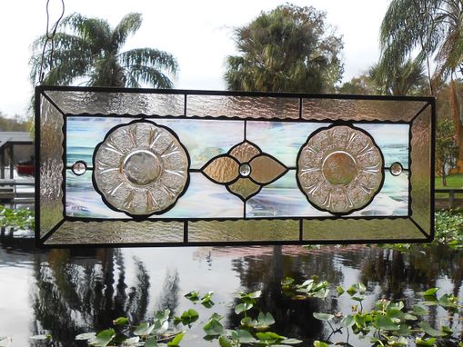 Custom Made Pink Cherry Blossom Depression Glass Stained Glass Plate Panel, Antique Stained Glass Window Transom