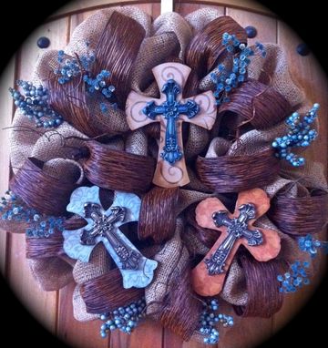 Custom Made Rustic Crosses On A Burlap Wreath