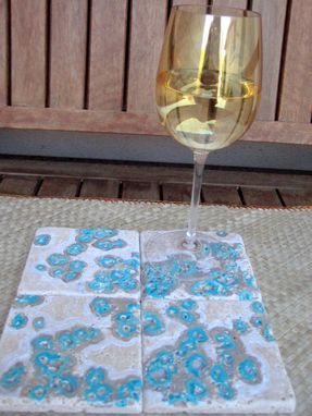 Custom Made Tile Coasters Modern Blue Silver-Handpainted Set Of 4