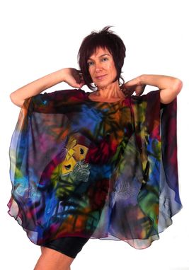 Custom Made Hand Painted Silk Crepe Georgette Poncho, Fethes