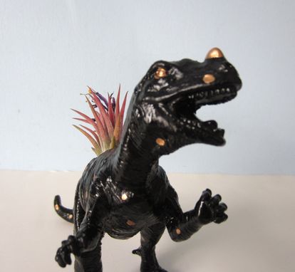 Custom Made Upcycled Toy Planter - Black T-Rex With Gold Spots And Air Plant