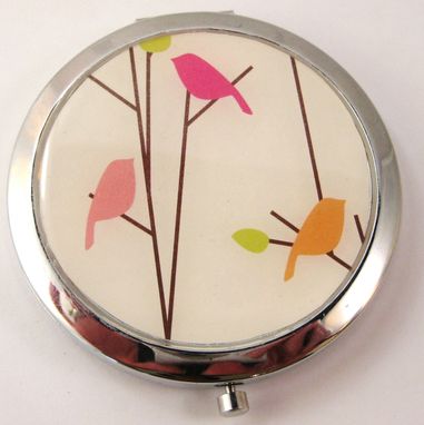 Custom Made Double-Sided Compact Mirror With Birds On A Branch Design