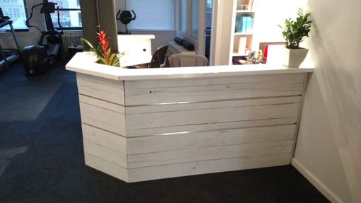 Custom Made White Washed Reclaimed Wood And Steel Reception Desk