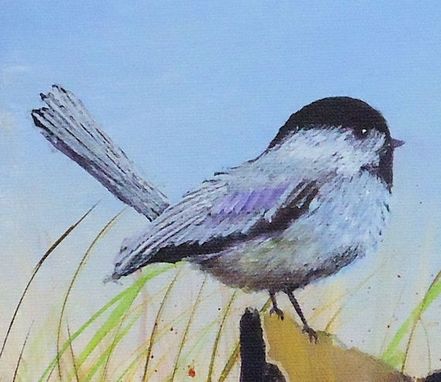 Custom Made Bird Painting, Wildlife Painting: Chickadee On A Tree Stump, Acrylic On Canvas Art For Sale