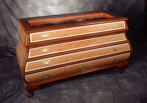 Custom Made Hand Finished Veneered Bombay Display Case Of Mandrome Burl & Cherry Accents (Custom Design)