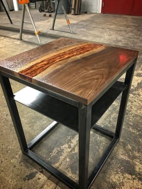 Custom Made Liquid Copper, Walnut, And Blued Steel Side Table