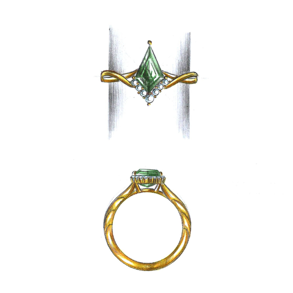 A moss agate center stone is highlighted by diamonds on this yellow gold ring.