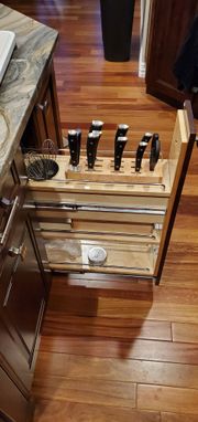 Custom Made Solid Maple Vertical Knife Block Mounted In Spice Cabinet