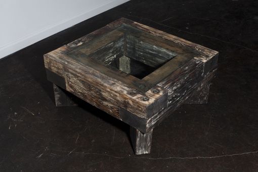 Custom Made Reclaimed Beam Coffee Table With Glass Top