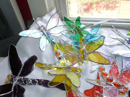 Custom Made Double Winged Dragonfly Stained Glass Art In Green