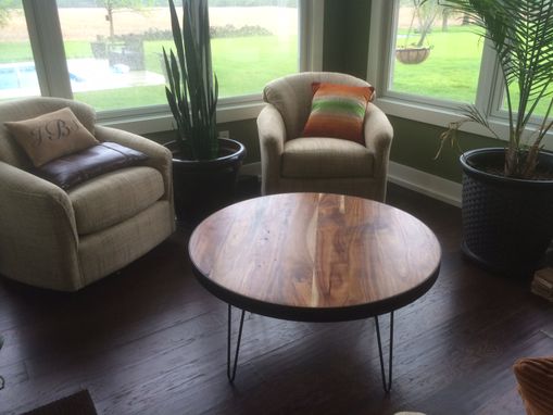 Custom Made Circle Acacia Coffee Table With Steel Band And Hairpin Legs