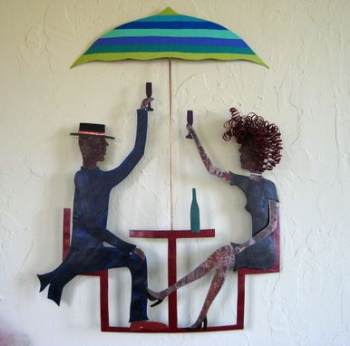 Custom Made Handmade Upcycled Metal Couple In Outdoor Cafe Wall Art Sculpture