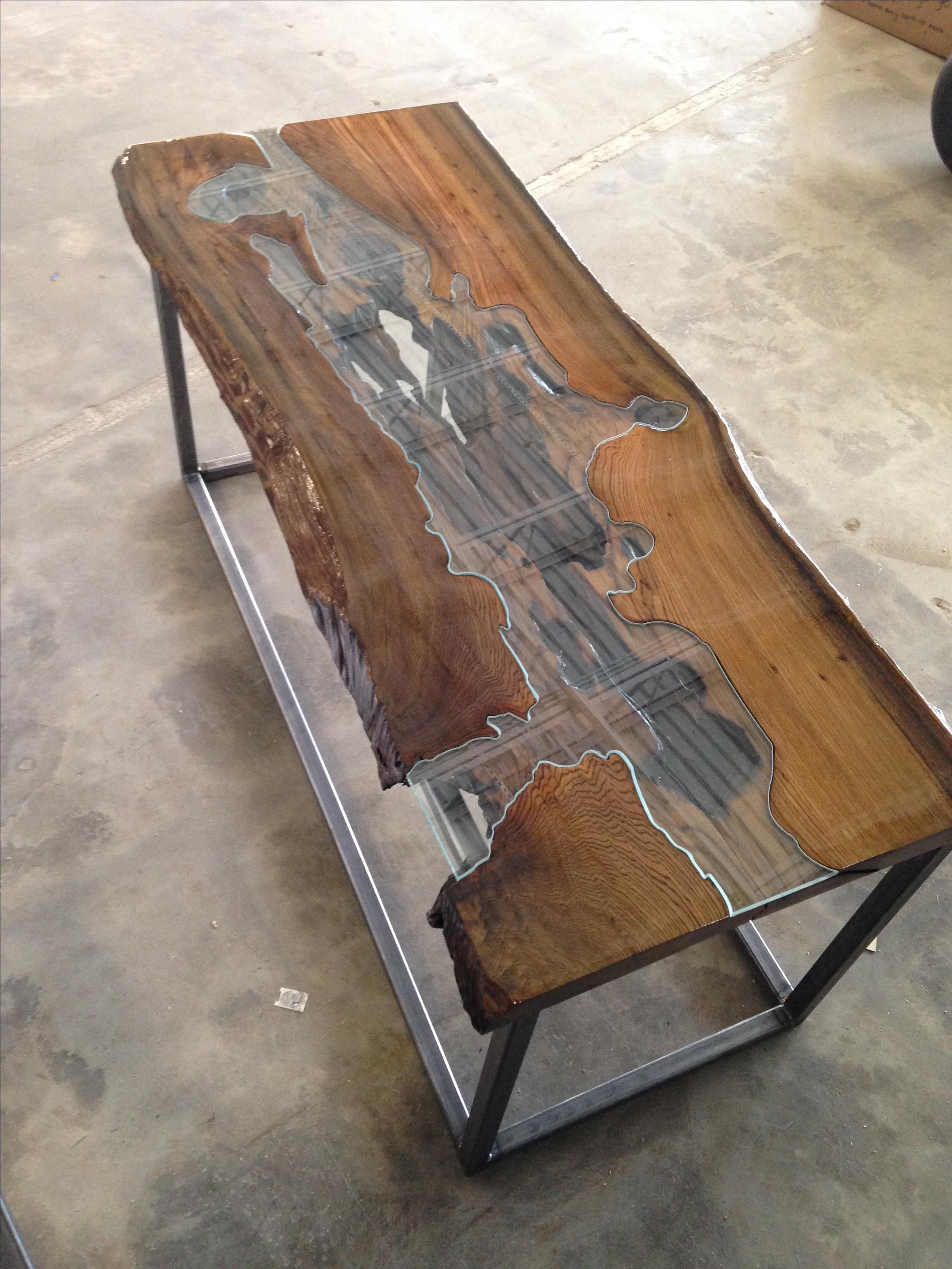 Custom Made Glass Wood Coffee Table by Broken Spike Mfg.