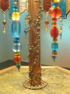 Custom Made Stained Glass Hexagonal Lamp With Fused Glass Elements, Copper Overlays And Glass Bead Strands - Moroccan Lamp
