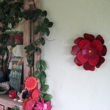 Custom Made Handmade Upcycled Metal Hibiscus Flower Wall Art In Dark Red And Pink