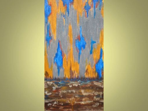 Custom Made Ikat Painting Abstract Original Ready To Ship - 6"X12" Blue Gray Ochre By Devikasart