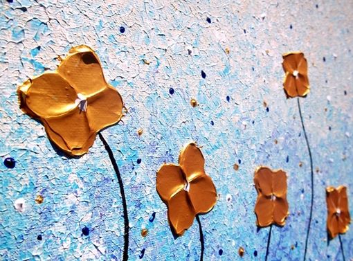 Custom Made Original Large Abstract Painting Contemporary Impasto Flowers. White Blue Gold Floral Art 24 X 54