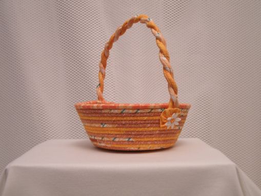 Custom Made Cloth Basket W/Handle -Coiled - Clothesline Handwrapped In Fabric. Small Round -Shades Of Orange.