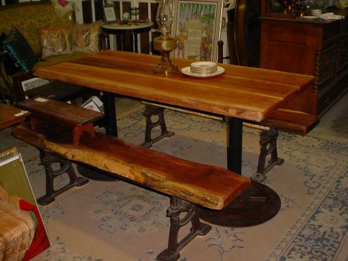 Custom Made Cherry Table And 2 Benches, Sap Wood Live Edges W/Bark