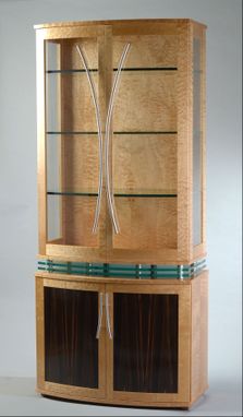 Custom Made Modern China Cabinet, Art Deco Style Display Cabinet, Quilted Maple, Curved Front, "Levitating"