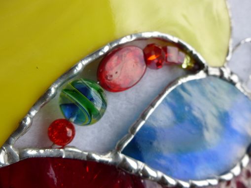 Custom Made Blue, Red,Or Yellows Stained Glass Heart With Beads And Crystals