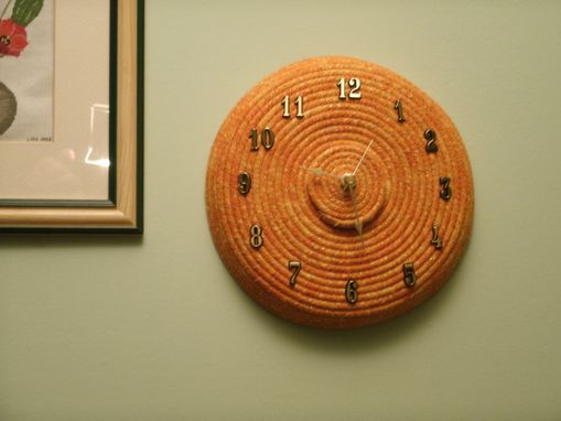 Custom Made Wall Clock. Fabric Wrapped Clothesline. Shades Of Orange With Gold Flecks