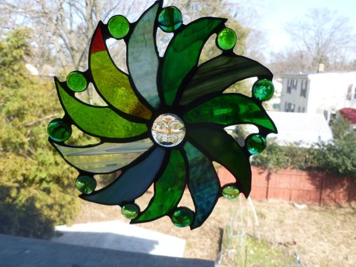 Custom Made Moon Face And Sun Rays Stained Glass Art In Green