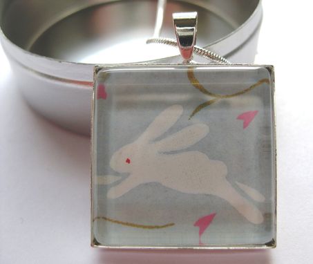Custom Made Glass Tile Pendant With Rabbit Design On Silver Snake Chain Necklace