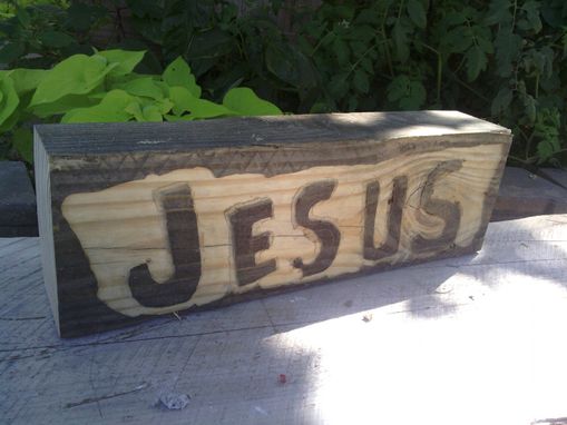 Custom Made Solid Wooden Block With “Jesus” Sign In Reversed Engraving