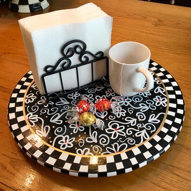 Custom Made Whimsical Painted Lazy Susan Turntable, Black White Lazy Susan, Hand Painted Lazy Susan Checkered