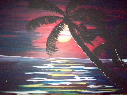 Custom Made Original Painting On Hardwood Titled: Sunset Palm