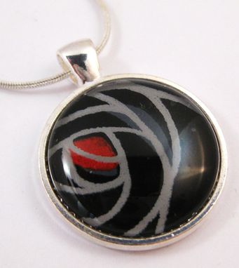 Custom Made Glass Tile Pendant With Black Rose Design On Silver Snake Chain Necklace