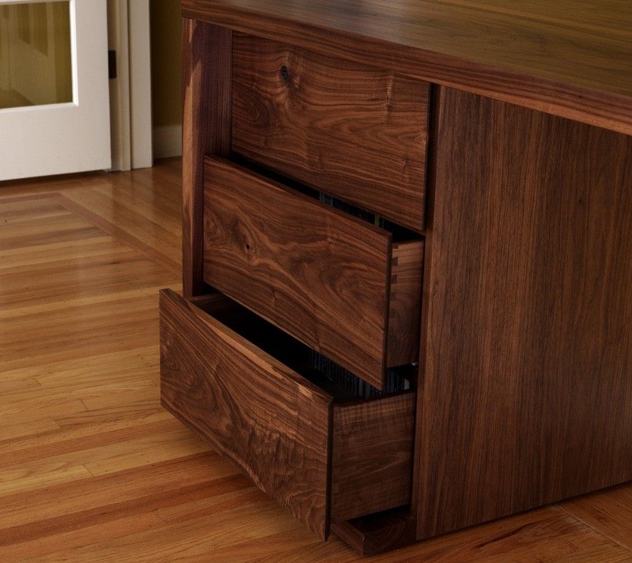 Custom Walnut Desk, Shelves And Stools by Anand Gowda Design
