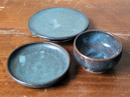 Custom Made 3 Prep Condiment Sauce Bowl And Plates Denim Blue Wheel Thrown Stoneware Ceramic Pottery
