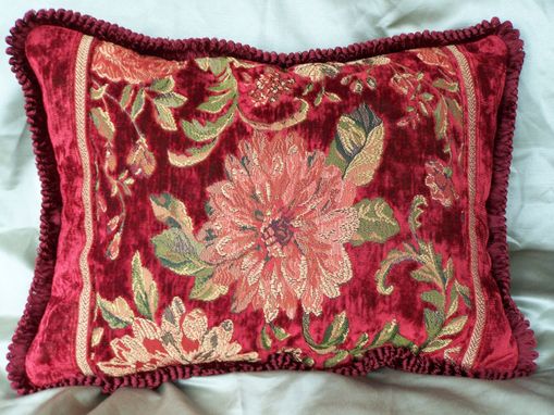 Custom Made Lumbar Pillow ,Red Velvet,With Flower And Curly Trim.
