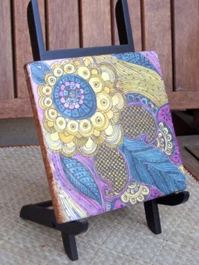 Custom Made Decorative Stone Tile-6"X6" Handmade With Paisley Design Purple Ochre Blue