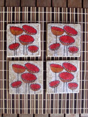 Custom Made Coasters Poppy Flower Handmade With Original Artwork-Set Of 4 Red Orange