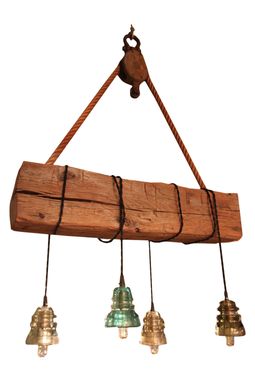 Custom Made Reclaimed Barn Wood Beam Chandelier, Vintage Insulator Lights