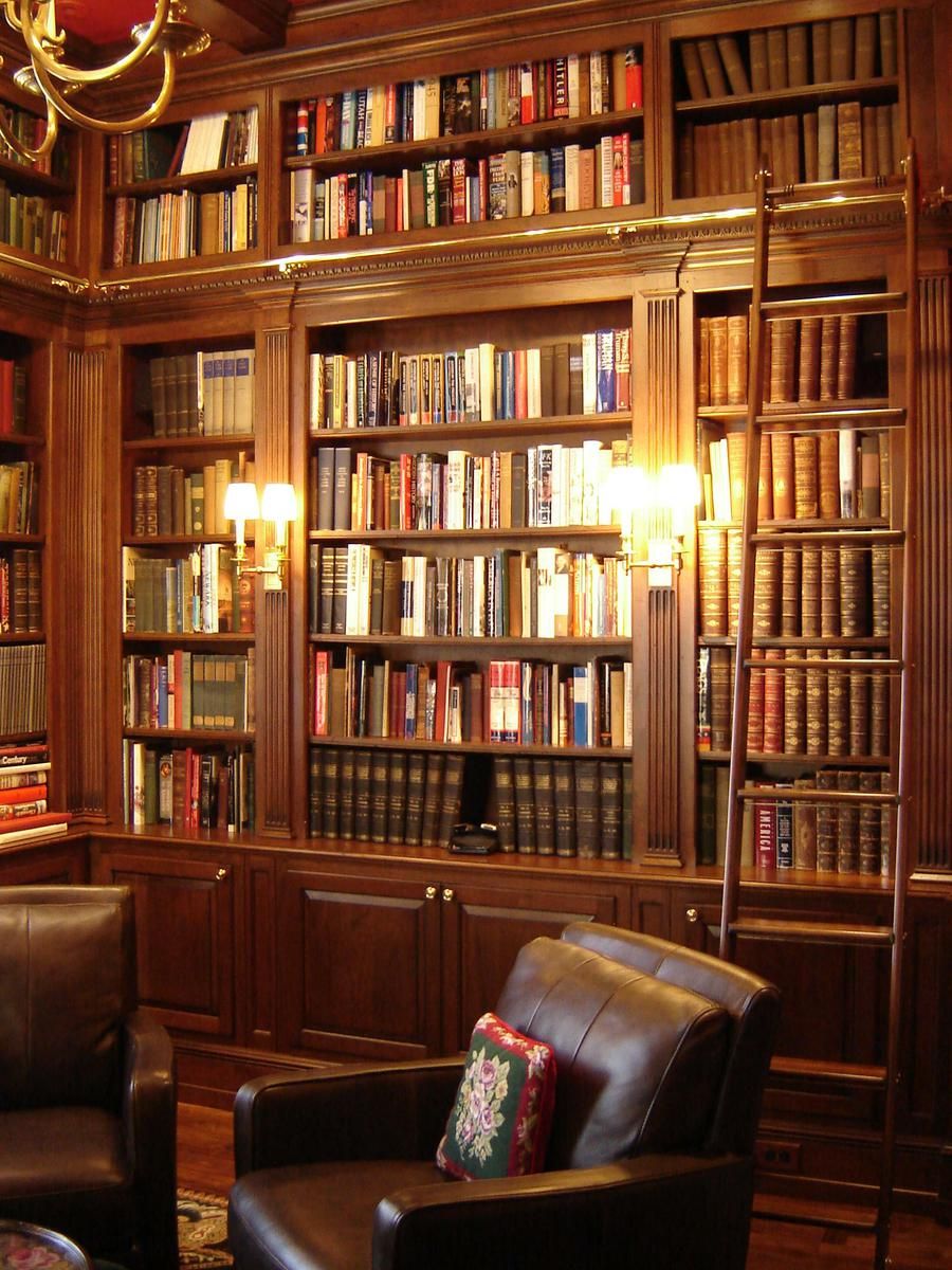 Custom Dark Cherry Library With Ladder by Odhner & Odhner Fine Woodworking Inc.
