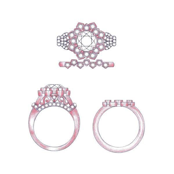 这枚引人注目的订婚戒指的设计草图，包括一条几何形状相匹配的戒指。
