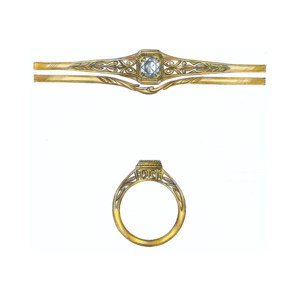 Yellow gold double-prongs framing a solitaire diamond melt into a milgrain setting as wheat designs decorate the engagement ring’s band.