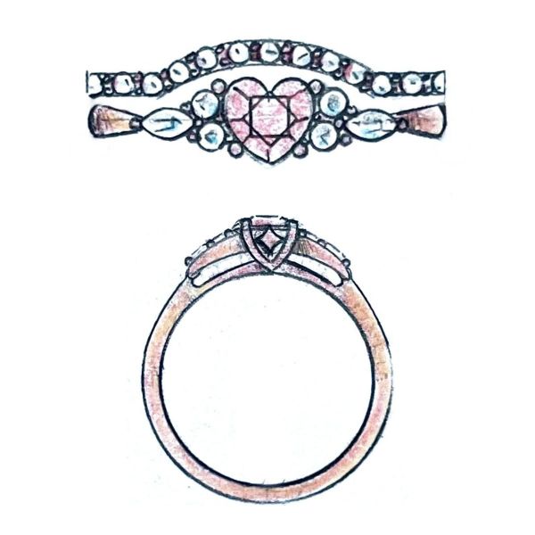 This engagement ring’s heart cut pink tourmaline and rose gold band match the warm and clever quote inside the ring’s band.