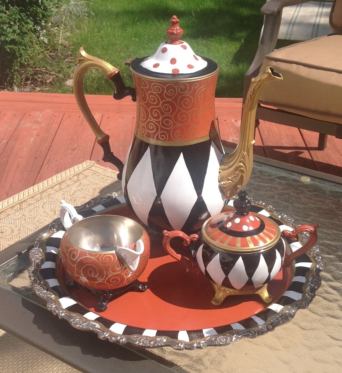 Hand Crafted Custom Hand Painted Silver Tea  Set  Teapot  