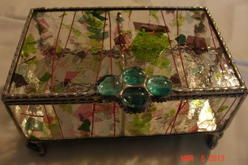Custom Made Stained Glass Jewelry Box W/ Dividers In Pink, Green & Purple With Marbled Feet