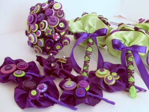 Custom Made Button Wedding Bouquet In Purple And Green