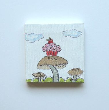 Custom Made Cupcake Painting, Mini Canvas, Mushrooms, Miniature Painting