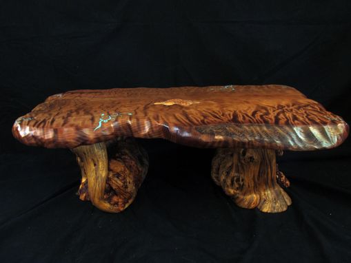Custom Made Curly Redwood Garden Bench With Turquoise Inlay