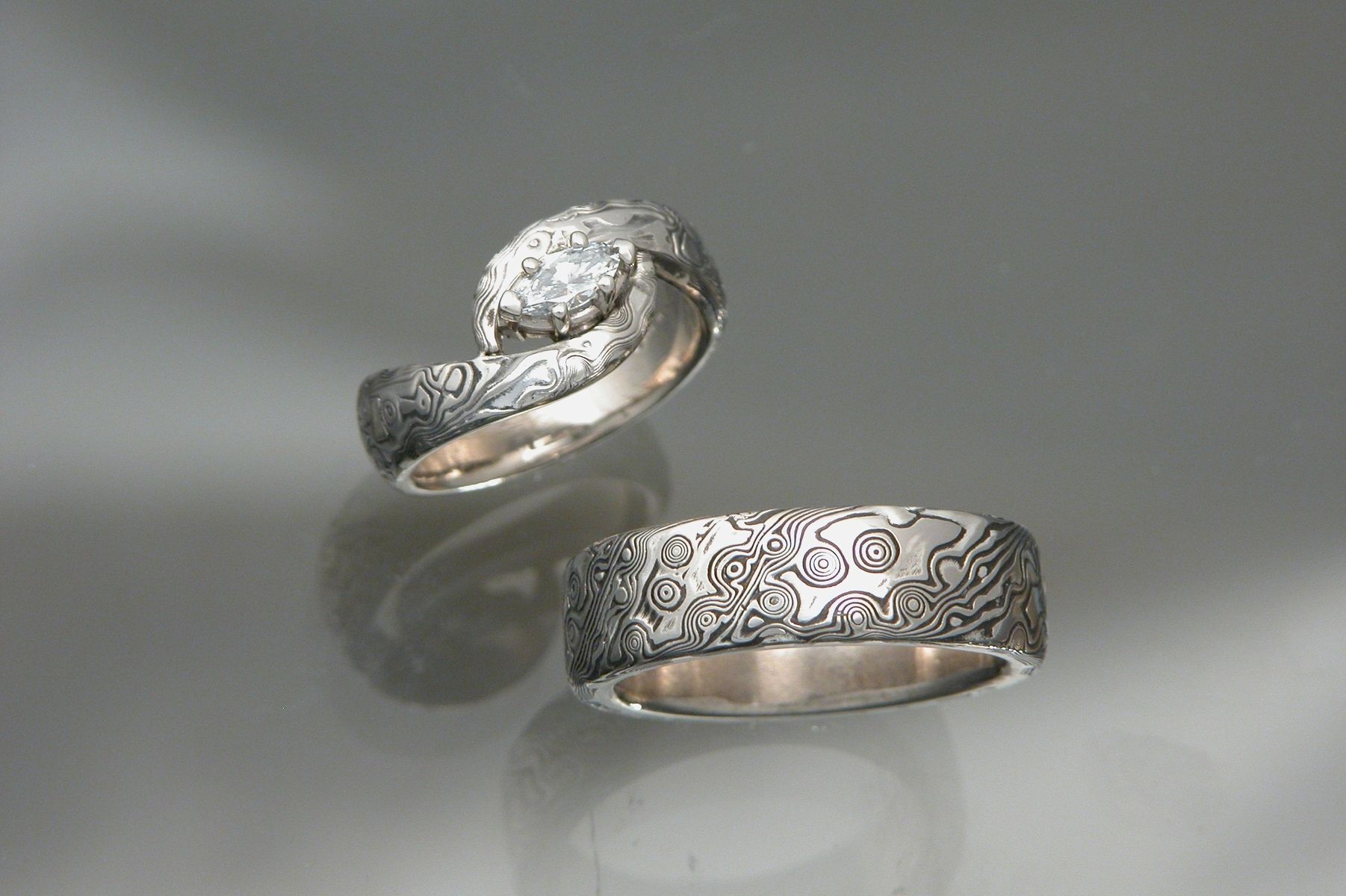 Custom Made 14kt White Gold Palladium Mokume Gane Wedding  